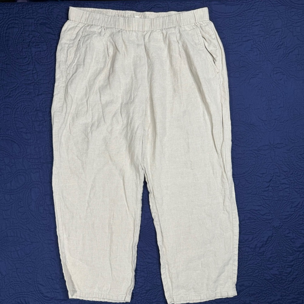 EILEEN FISHER‎ Linen Cropped Pants Beige Elastic Waist Wide Leg Women's L G Read
